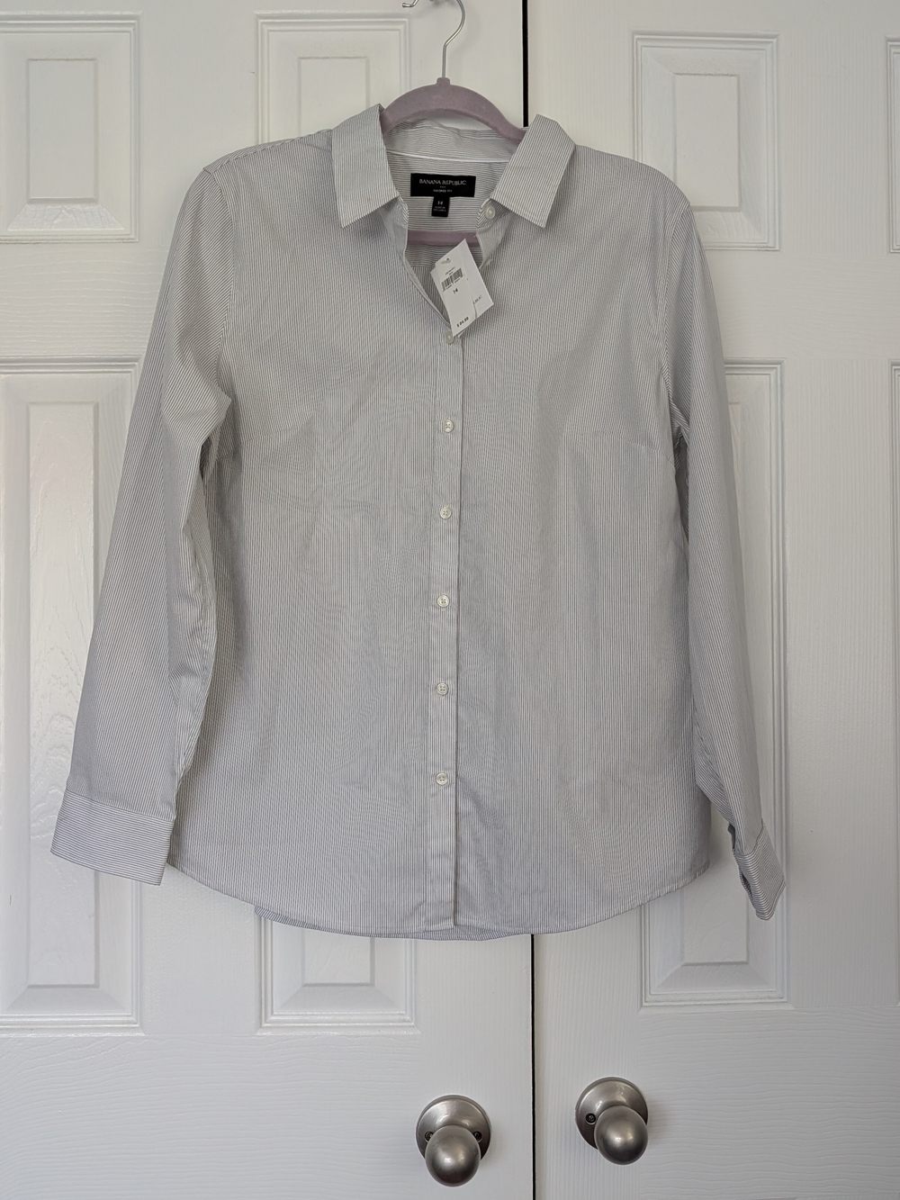 Banana Republic Women's White & Light Grey Pinstripe Button-Up Shirt